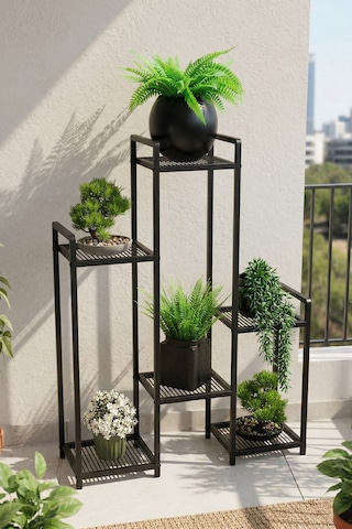 6 Raflı Siyah Metal Çiçeklik & Saksılık - Modern Dekoratif Balkon Ve Salon Bitki Standı