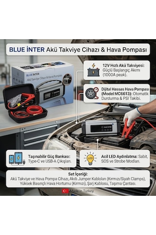 Blue İnter Akü Takviye Cihazı & Akıllı Hava Pompası Çok Fonksiyonlu Taşınabilir Güç Bankası