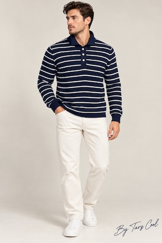 Cool Tarz Erkek Çizgili Polo Yaka Triko Kazak Slim Fit Uzun Kollu Pamuk Akrilik Karışımlı Lacivert Lacivert