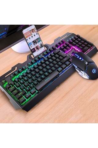 Yındıao V2 Mekanik Hissediyorum Oyun Klavyesi Fare Seti Siyah Gökkuşağı Işığı