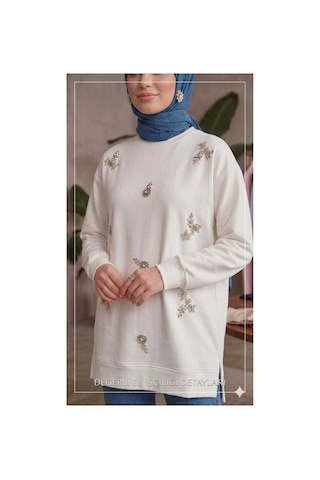 Butik Kadın Boncuk Taş İşlemeli Sweatshirt Beyaz Beyaz