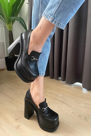 Preshley Kadın Clara İnce Tokalı Lofer Model 12 Cm Platform Topuklu Ayakkabı-siyah Siyah