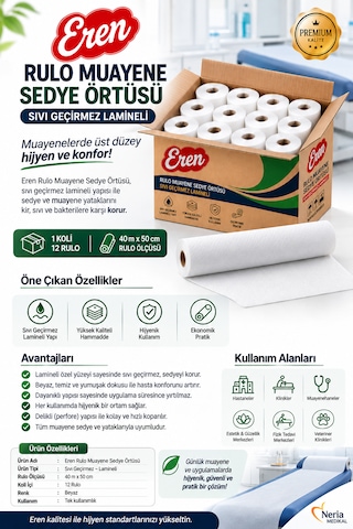 Eren Kağıt Muayene Sedye Masa Örtüsü Lamineli Sıvı Geçirmez 12 Rulo
