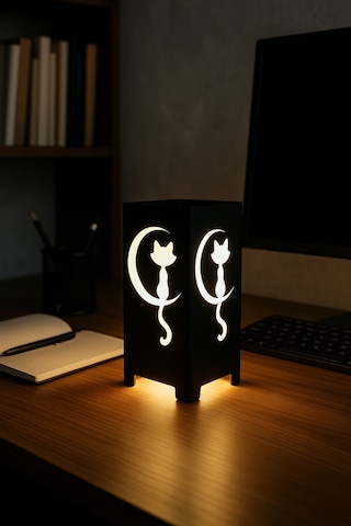 Hilal Ve Kedi Figürlü Kablolu Metal Gece Lambası Dekoratif Led Masa Lambası Hilalkedi