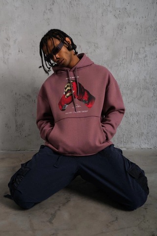 Novalisse Erkek Kapüşonlu Cepli Box Eldiven Baskılı 3 İplik Sweatshirt Hoodie - Gül Kurusu Çoklu Renk