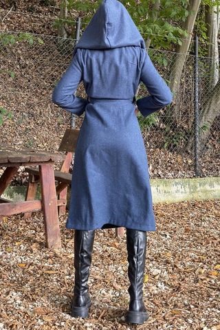 İndigo Kruvaze Yaka, Kapüşonlu, Çift Cepli, Beli Kemerli, Uzun Kaşe Kaban Astarsız İndigo