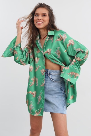 Madmext Mad Girls Leoparlı Yeşil Saten Gömlek Mg187-yeşil Yeşil