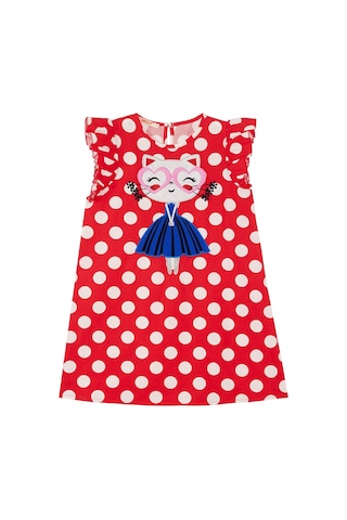 Denokids Puantiye Kedicik Kız Çocuk Poplin Elbise Kırmızı