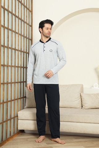 Enisena Erkek %100 Pamuklu Pijama Takımı-3 Düğmeli-12440 Gri