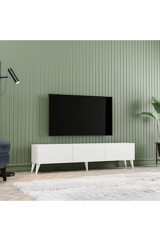 1240 Eva 3 Kapaklı Kulpsuz 150 Cm Ayaklı Tv Ünitesi Beyaz