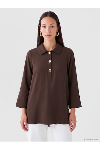 Lcw Everyday Kahverengi Gömlek Yaka Oversize Kadın Tunik