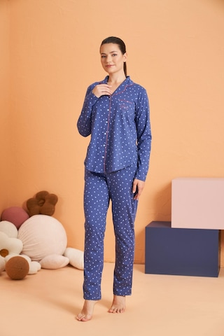 Pjs Kadın Anne-kız Kalpli Önden Düğmeli Gömlek Yaka Uzun Kollu Pijama Takım mavi