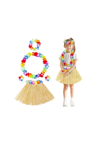 Yetişkin Çocuk Hawaii Parti Seti - 40 Cm Naturel Etek + Çiçek Aksesuarlar 5 Parça Diğer