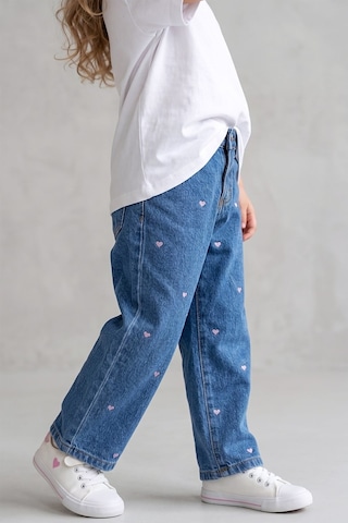 Dmb Boys & Gırls Kız Çocuk Kalp Nakışlı Denim Kot Pantolon Mavi 2-7 Yaş-2791