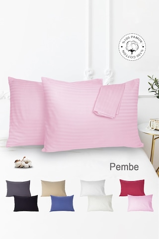 Çizgili Saten 2'li Yastık Kılıfı Pembe