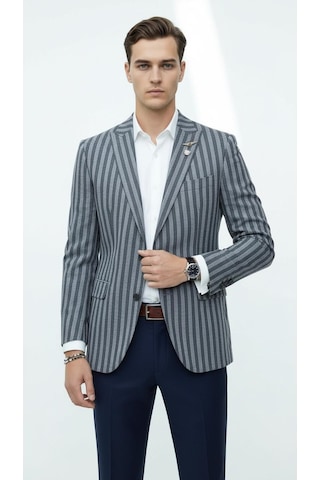 Plus Scorpion Erkek Sivri Yaka Çift Yırtmaçlı Tek Düğmeli Slim Fit Blazer Ceket Lacivert
