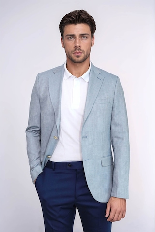 Açık Mavi Balıksırtı Desenli Gold Renk Metal Düğmeli Slim Fit Erkek Blazer Ceket - Wessi Navy Blue
