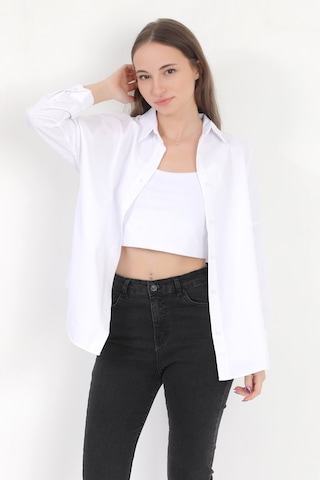 Giysa Kadın Beyaz Uzun Kollu Basic Pamuklu Oversize Gömlek - 3900 Beyaz