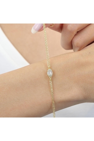 Mia Vento Pırlanta Montür Minimal Oval Baget Gold Renk Gümüş Bileklik