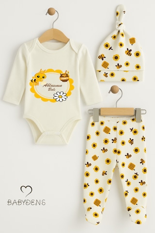 Babyden's Ablasının Balı Yenidoğan Bebek Takımı 3 Parça Pamuklu Uzun Kol Bebek Zıbın Seti, Patikli Alt Ve Şapka Unisex Ekru - Sarı
