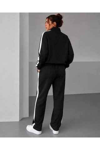 DefyModa Scuba Kumaş Oversize Şerit Detaylı Fermuarlı Alt Üst Eşofman Takımı - Siyah