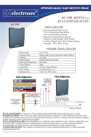 Electrosec Ac-35r Rfid Bağımsız Kart Okuyucu