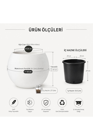 Zevli Dekoratif 27l Küre Saksı Ø35 Cm Beton Görünümlü Modern Salon Ve Bahçe Saksısı 1