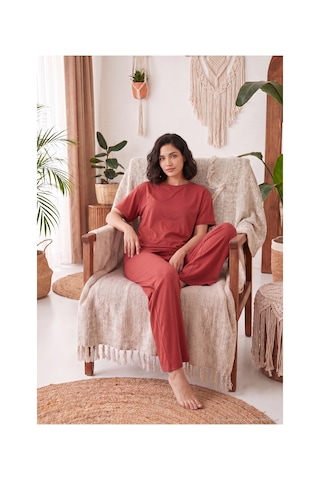 Lela Yumuşak Dokulu Bisiklet Yaka Lastikli Bel Kısa Kollu Pijama Takımı Bayan Pijama Takımı 65720102 Kiremit KİREMİT