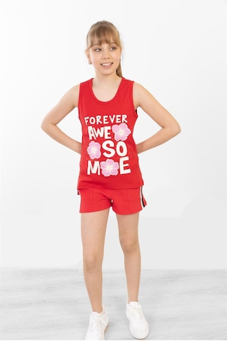 Brz Kids Baskılı Yırtmaçlı Kız Çocuk Sıfır Kol T-shirt-kırmızı Kırmızı
