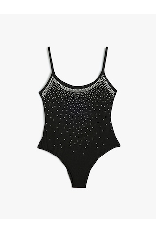 Koton Taşlı Mayo İnce Askılı Slim Fit Astarlı Pedli Siyah 4sak20037mm Siyah