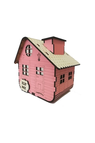 Kişiye Özel Dekoratif Ahşap Pembe Dağ Evi Kumbara -Tipbox