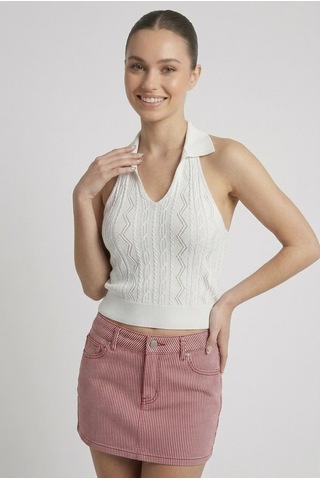 Neden Tekstil Kadın Polo Yaka Sırt Dekolteli Crop Bluz - Beyaz
