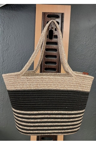 Doğal Hasır Jüt El Örmesi Bayan Çanta-bej Siyah Çizgili V2 Bej