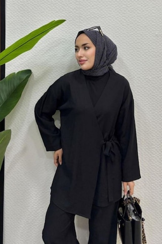 Zerogaprıse Kadın Çapraz Bağlamalı Keten Kimono Tesettür Pantolon Takım Siyah