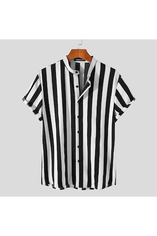 Siyah İncerun S-xxxxxl Yaz Erkek Kısa Kollu Çizgili Gömlek Casual Gevşek Üstler Basic Camisa T-shirt Siyah