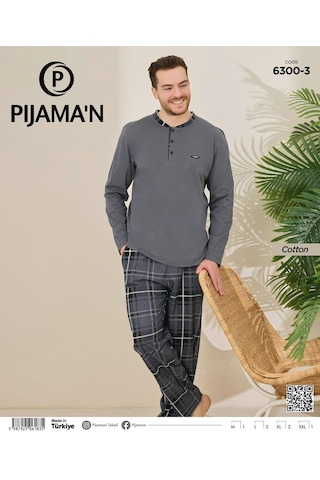 Pijamoni Erkek Pamuklu Düğme Yaka Uzun Kol İnce Pijama Takımı 100/3 - 1 Adet Füme