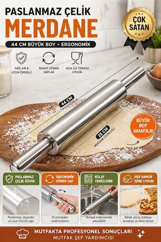 44 Cm Paslanmaz Metal Çelik Merdane Ergonomik Kulplu Çelik Profesyonel Hamur Açma Merdanesi