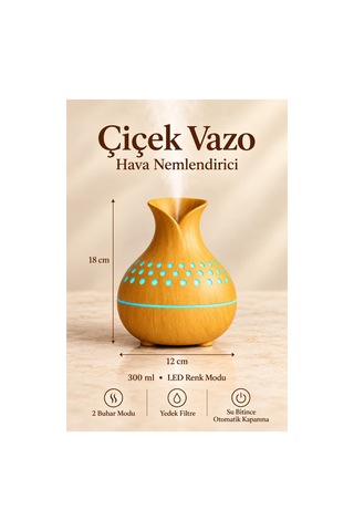 Çiçek Vazo Tasarımlı Hava Nemlendirici Buhar Makinası-aroma Difüzörü Led Işık 300ml