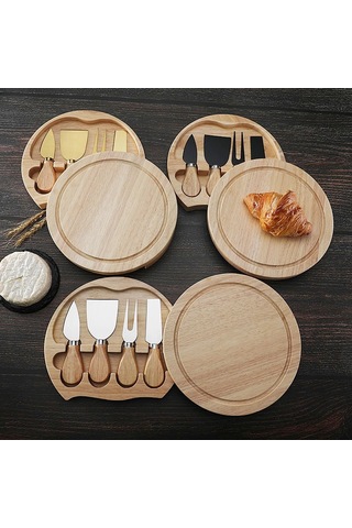 Sones 4 Adet / Set Yuvarlak Meşe Kutusu Peynir Bıçağı Spatula Paslanmaz Çelik Peynir Araçları Çatal Bıçak Takımı, Renk: Çelik Rengi