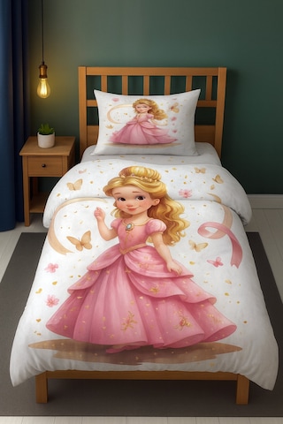 Pembe Prenses Kelebekli Tek Kişilik Çocuk Nevresim Seti Pembe