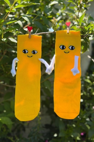 Lousocks Unisex Sarı El Ele Tutuşan Halay Çeken Sevimli Yüz Desenli Soket Çorap