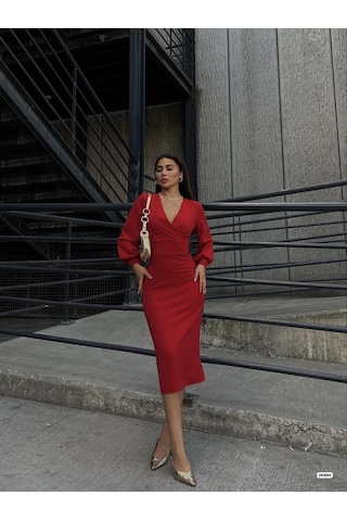 Tua Moda Kadın Kruvaze Yaka Balon Kol Simli Krep Kumaş Midi Boy Elbise Kırmızı
