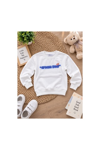 Uğur Bebe Kız Çocuk Ekru Renk 3 İplik Şardonsuz Sweatshirt Cream Bear Baskılı Pamuklu Bisiklet Yaka Uzun Kollu Ekru Ekru