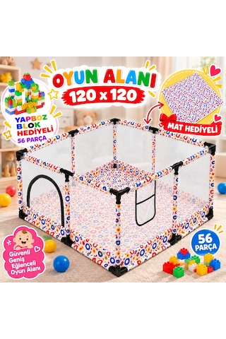 Missidea Çok Renkli Bebek Ve Çocuk Oyun Parkı 120x120 Cm Oyun Matı Ve 56 Parça Yapboz Blok Hediyeli
