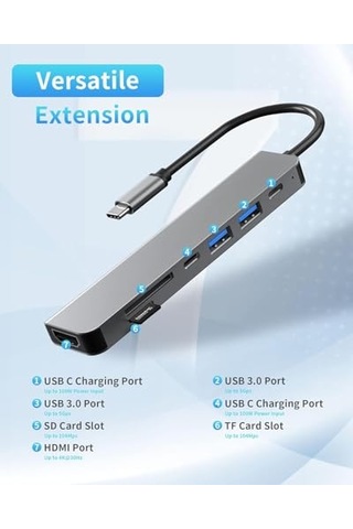 Ayrex C Çoklayıcı Hdmı Ethernet Sd Tf Kart Usb 3.0 2.0 Bağlantı Noktaları 100w Pd Şarj Gümüş
