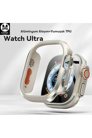 Watch Ultra 49mm Mo-wt3 Alüminyum Camlı Kasa Ekran Koruyucu - Gold