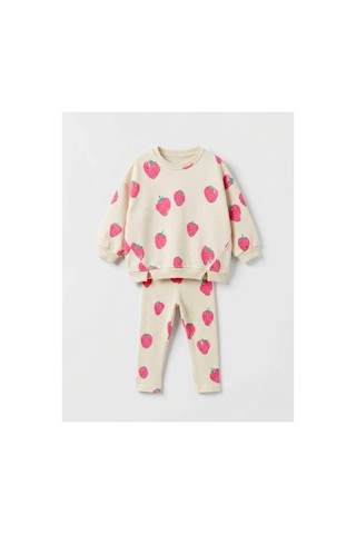 Fleurs Chic Pembe Çilek Desen Sweatshirt Tayt Takım Krem