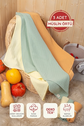 3'lü Çok Amaçlı Müslin Bez, Örtü, Battaniye Seti Unisex Renkli %100 Pamuk - 75x75 Cm