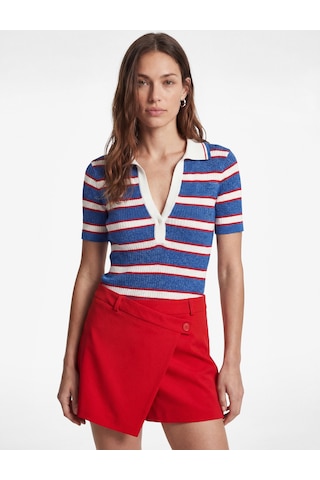 Koton Viskon Karışımlı Rayon Kumaş Polo Yaka Kısa Kollu Çizgili Triko Kazak Mavi Çizgili 6sak90189ht