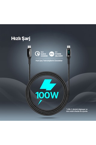 Ttec 2DK57S Alumicable Lcd USB-C – USB-C 100W PD/Qc 150 CM Hızlı Şarj/Data Kablosu Siyah